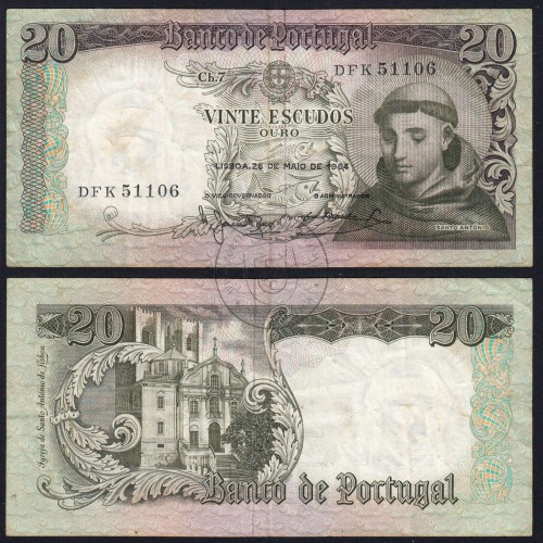 Nota de 20 Escudos 1964 Santo António, 20$00 26/05/1964 Chapa: 7 - Banco de Portugal (Circulada), Pick 167