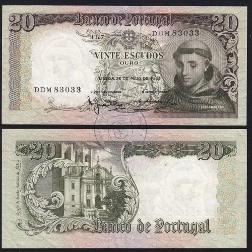 Nota de 20 Escudos 1964 Santo António, 20$00 26/05/1964 Chapa: 7 - Banco de Portugal (Circulada), Pick 167