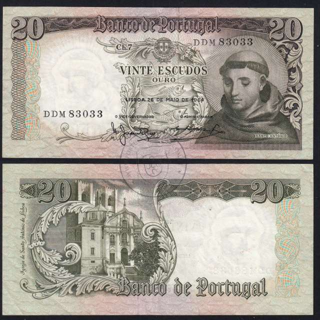 20 Escudos Banknote 1964 Saint Anthony, 20$00 26/05/1964 Plate: 7 - Bank of Portugal (Circulated), Pick 167