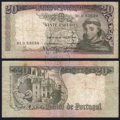 20 Escudos Banknote 1964 Saint Anthony, 20$00 26/05/1964 Plate: 7 - Bank of Portugal (Circulated), Pick 167