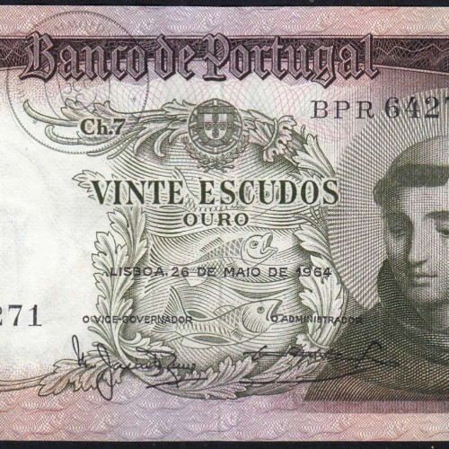 20 Escudos Banknote 1964 Saint Anthony, 20$00 26/05/1964 Plate: 7 - Bank of Portugal (Circulated), Pick 167