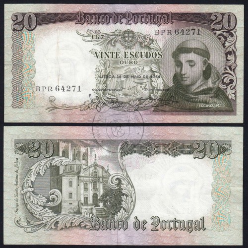 Nota de 20 Escudos 1964 Santo António, 20$00 26/05/1964 Chapa: 7 - Banco de Portugal (Circulada), Pick 167