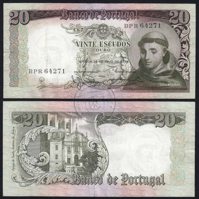 Nota de 20 Escudos 1964 Santo António, 20$00 26/05/1964 Chapa: 7 - Banco de Portugal (Circulada), Pick 167