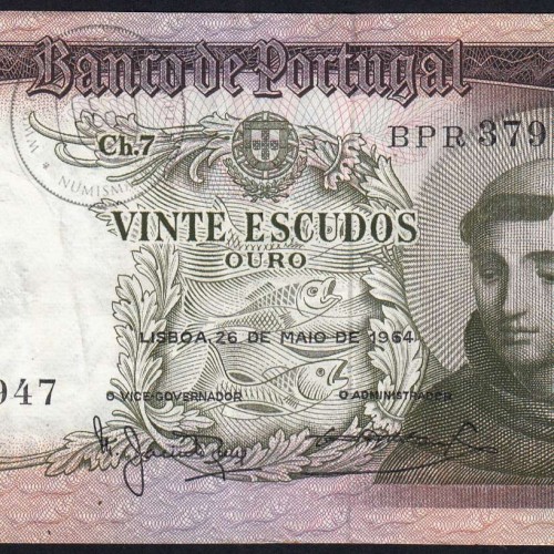 Nota de 20 Escudos 1964 Santo António, 20$00 26/05/1964 Chapa: 7 - Banco de Portugal (Circulada), Pick 167