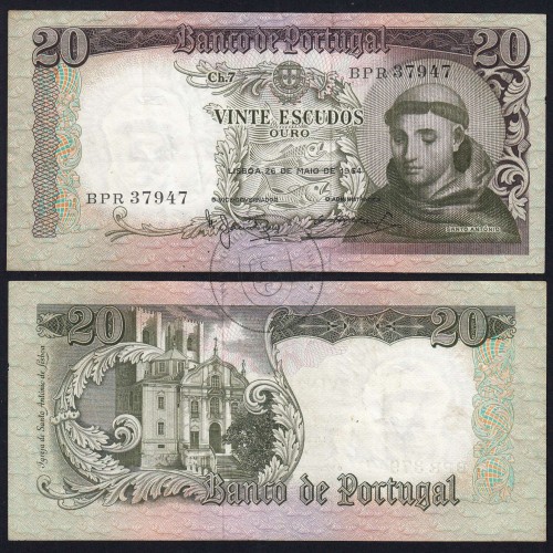 Nota de 20 Escudos 1964 Santo António, 20$00 26/05/1964 Chapa: 7 - Banco de Portugal (Circulada), Pick 167