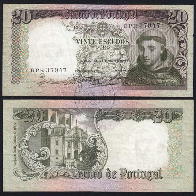 20 Escudos Banknote 1964 Saint Anthony, 20$00 26/05/1964 Plate: 7 - Bank of Portugal (Circulated), Pick 167