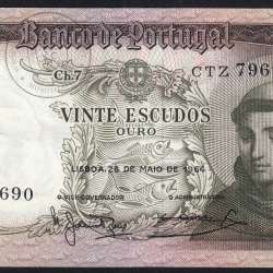 Nota de 20 Escudos 1964 Santo António, 20$00 26/05/1964 Chapa: 7 - Banco de Portugal (Pouco Circulada), Pick 167