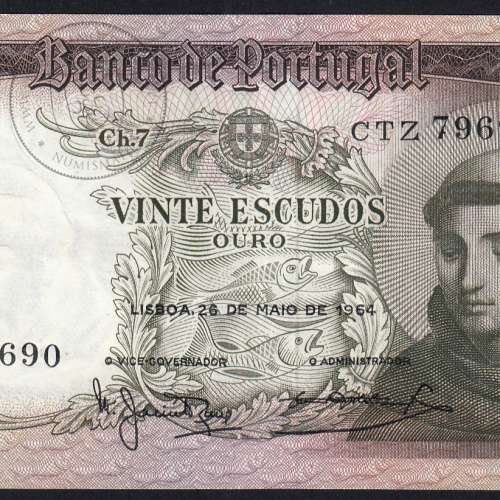 Nota de 20 Escudos 1964 Santo António, 20$00 26/05/1964 Chapa: 7 - Banco de Portugal (Pouco Circulada), Pick 167