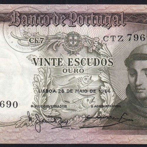 Nota de 20 Escudos 1964 Santo António, 20$00 26/05/1964 Chapa: 7 - Banco de Portugal (Pouco Circulada), Pick 167