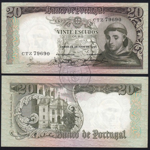 Nota de 20 Escudos 1964 Santo António, 20$00 26/05/1964 Chapa: 7 - Banco de Portugal (Pouco Circulada), Pick 167