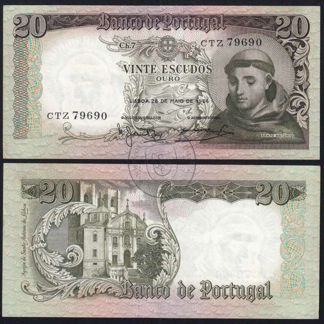 Nota de 20 Escudos 1964 Santo António, 20$00 26/05/1964 Chapa: 7 - Banco de Portugal (Pouco Circulada), Pick 167