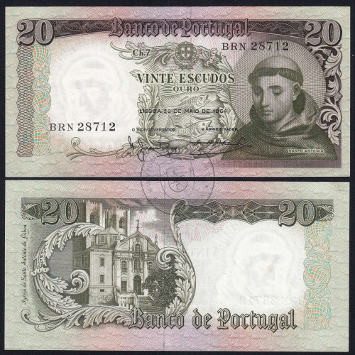 Nota de 20 Escudos 1964 Santo António, 20$00 26/05/1964 Chapa: 7 - Banco de Portugal (Pouco Circulada), Pick 167