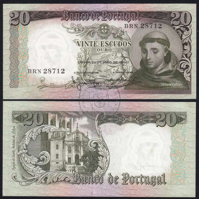 Nota de 20 Escudos 1964 Santo António, 20$00 26/05/1964 Chapa: 7 - Banco de Portugal (Pouco Circulada), Pick 167