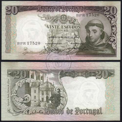 Nota de 20 Escudos 1964 Santo António, 20$00 26/05/1964 Chapa: 7 - Banco de Portugal (Pouco Circulada), Pick 167