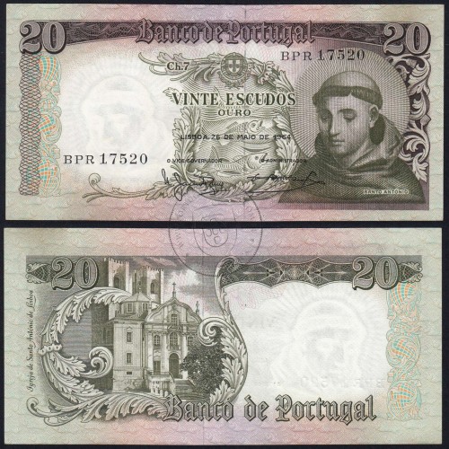 Nota de 20 Escudos 1964 Santo António, 20$00 26/05/1964 Chapa: 7 - Banco de Portugal (Pouco Circulada), Pick 167