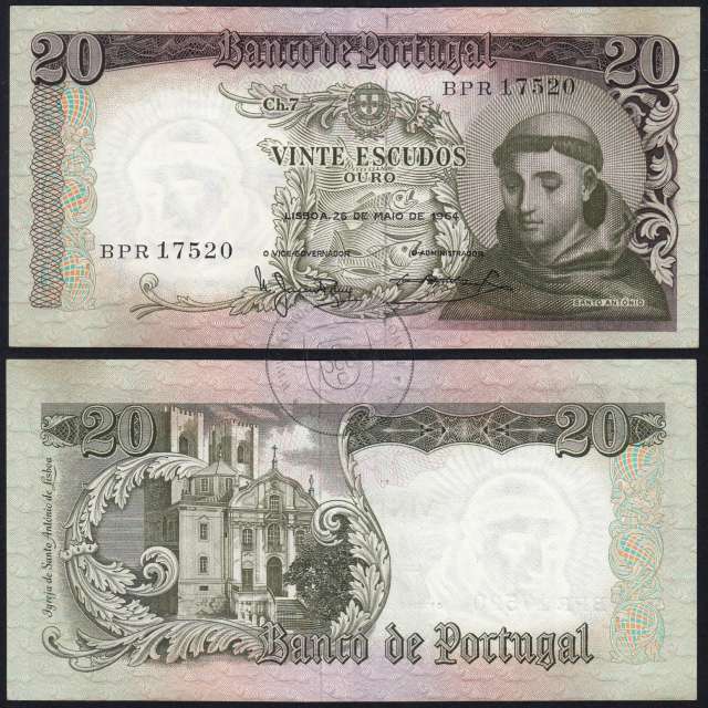 20 Escudos Banknote 1964 Saint Anthony, 20$00 26/05/1964 Plate: 7 - Bank of Portugal (Little Circulated), Pick 167