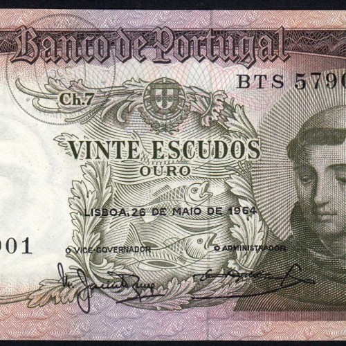20 Escudos Banknote 1964 Saint Anthony, 20$00 26/05/1964 Plate: 7 - Bank of Portugal (Little Circulated), Pick 167