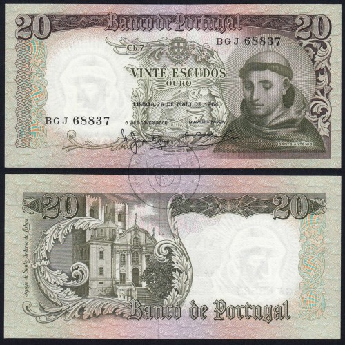 Nota de 20 Escudos 1964 Santo António, 20$00 26/05/1964 Chapa: 7 - Banco de Portugal (Pouco Circulada), Pick 167