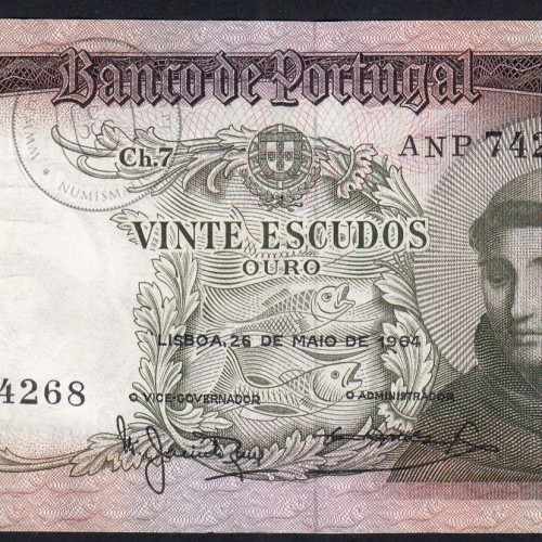 Nota de 20 Escudos 1964 Santo António, 20$00 26/05/1964 Chapa: 7 - Banco de Portugal (Pouco Circulada), Pick 167