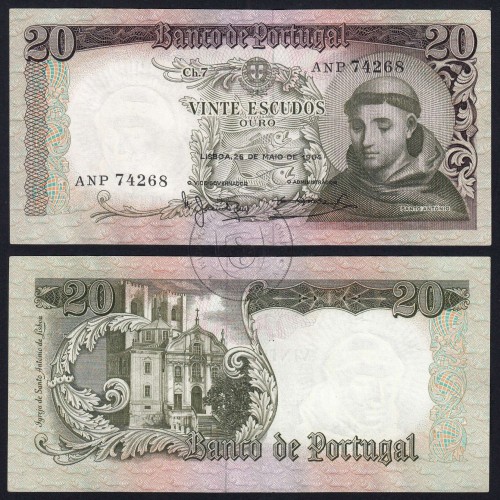 Nota de 20 Escudos 1964 Santo António, 20$00 26/05/1964 Chapa: 7 - Banco de Portugal (Pouco Circulada), Pick 167