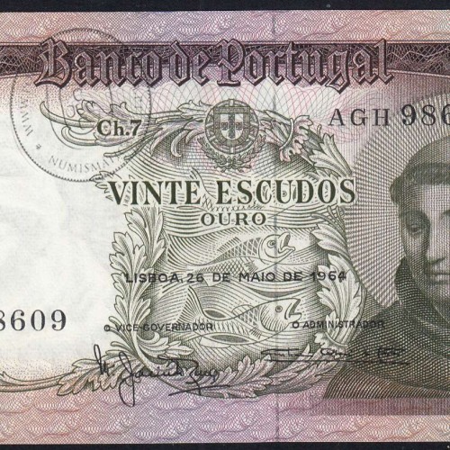 Nota de 20 Escudos 1964 Santo António, 20$00 26/05/1964 Chapa: 7 - Banco de Portugal (Pouco Circulada), Pick 167