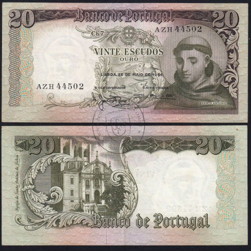 20 Escudos Banknote 1964 Saint Anthony, 20$00 26/05/1964 Plate: 7 - Bank of Portugal (Little Circulated), Pick 167
