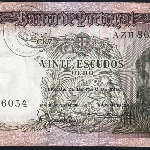 Nota de 20 Escudos 1964 Santo António, 20$00 26/05/1964 Chapa: 7 - Banco de Portugal (Pouco Circulada), Pick 167