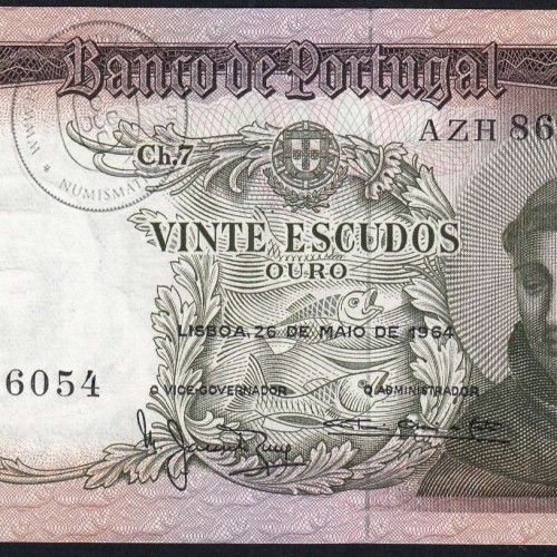 Nota de 20 Escudos 1964 Santo António, 20$00 26/05/1964 Chapa: 7 - Banco de Portugal (Pouco Circulada), Pick 167