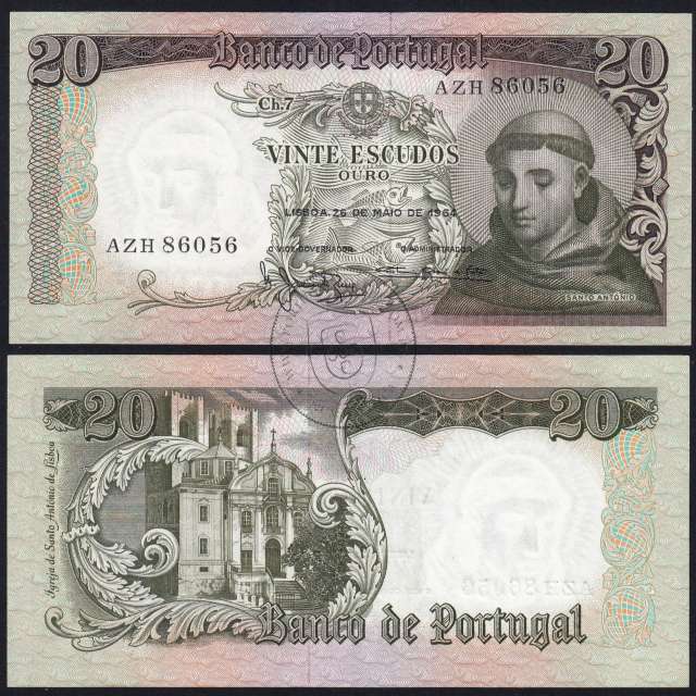 20 Escudos Banknote 1964 Saint Anthony, 20$00 26/05/1964 Plate: 7 - Bank of Portugal (Little Circulated), Pick 167