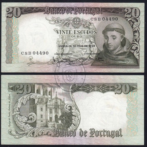 20 Escudos Banknote 1964 Saint Anthony, 20$00 26/05/1964 Plate: 7 - Bank of Portugal (Little Circulated), Pick 167