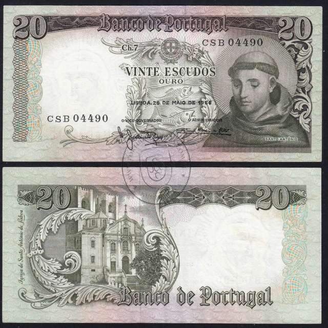 Nota de 20 Escudos 1964 Santo António, 20$00 26/05/1964 Chapa: 7 - Banco de Portugal (Pouco Circulada), Pick 167