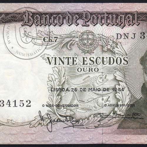 Nota de 20 Escudos 1964 Santo António, 20$00 26/05/1964 Chapa: 7 - Banco de Portugal (Pouco Circulada), Pick 167