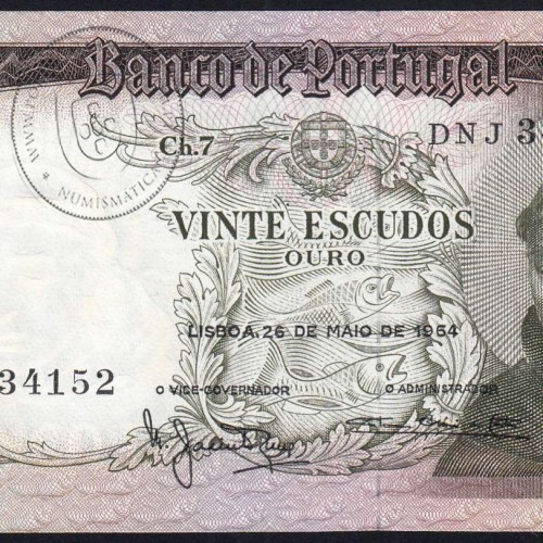 Nota de 20 Escudos 1964 Santo António, 20$00 26/05/1964 Chapa: 7 - Banco de Portugal (Pouco Circulada), Pick 167