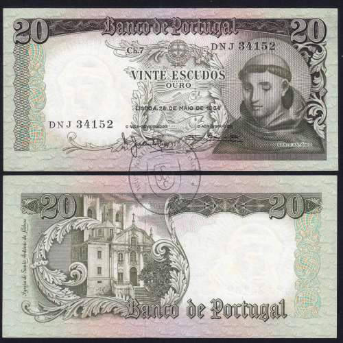 Nota de 20 Escudos 1964 Santo António, 20$00 26/05/1964 Chapa: 7 - Banco de Portugal (Pouco Circulada), Pick 167