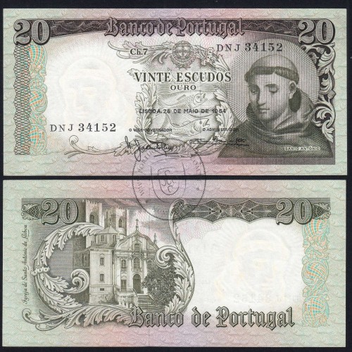 20 Escudos Banknote 1964 Saint Anthony, 20$00 26/05/1964 Plate: 7 - Bank of Portugal (Little Circulated), Pick 167