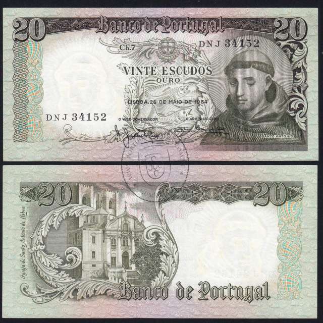 Nota de 20 Escudos 1964 Santo António, 20$00 26/05/1964 Chapa: 7 - Banco de Portugal (Pouco Circulada), Pick 167