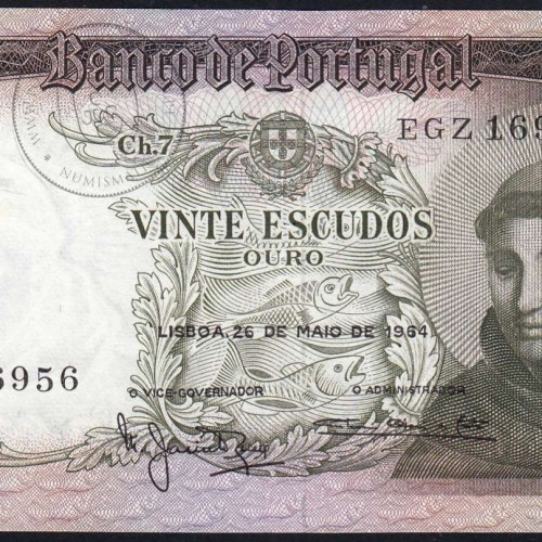 Nota de 20 Escudos 1964 Santo António, 20$00 26/05/1964 Chapa: 7 - Banco de Portugal (Pouco Circulada), Pick 167