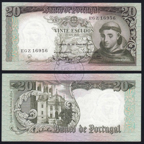 Nota de 20 Escudos 1964 Santo António, 20$00 26/05/1964 Chapa: 7 - Banco de Portugal (Pouco Circulada), Pick 167