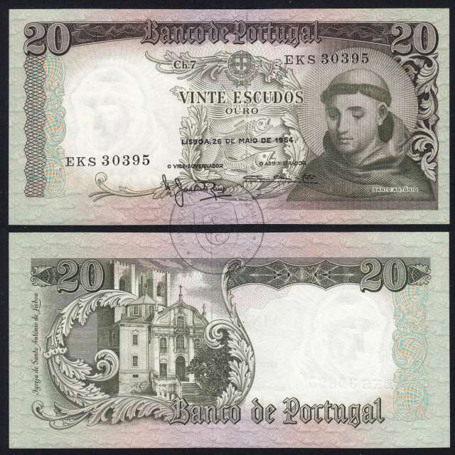 Nota de 20 Escudos 1964 Santo António, 20$00 26/05/1964 Chapa: 7 - Banco de Portugal (Pouco Circulada), Pick 167