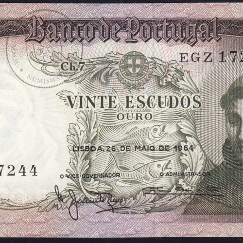 Nota de 20 Escudos 1964 Santo António, 20$00 26/05/1964 Chapa: 7 - Banco de Portugal (Pouco Circulada), Pick 167