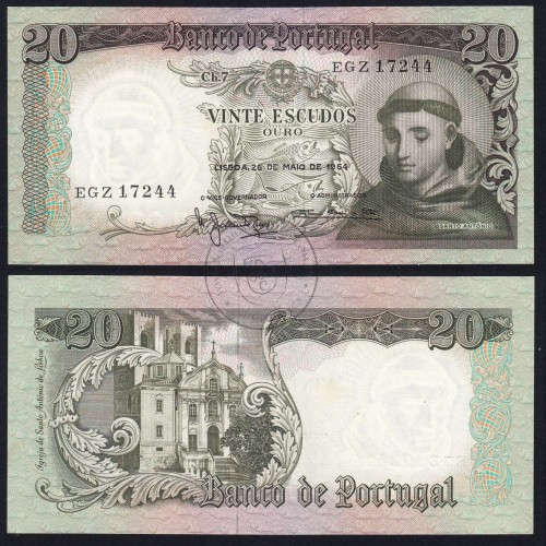 20 Escudos Banknote 1964 Saint Anthony, 20$00 26/05/1964 Plate: 7 - Bank of Portugal (Little Circulated), Pick 167