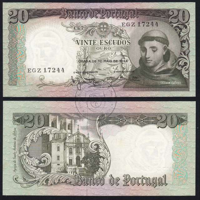 Nota de 20 Escudos 1964 Santo António, 20$00 26/05/1964 Chapa: 7 - Banco de Portugal (Pouco Circulada), Pick 167