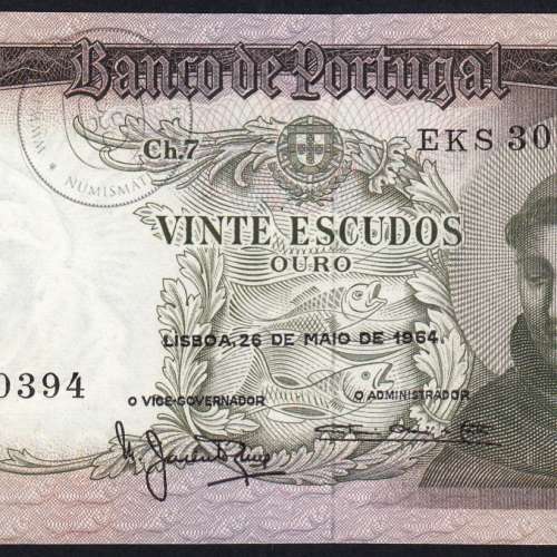 Nota de 20 Escudos 1964 Santo António, 20$00 26/05/1964 Chapa: 7 - Banco de Portugal (Pouco Circulada), Pick 167