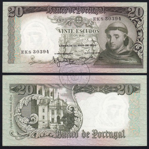 Nota de 20 Escudos 1964 Santo António, 20$00 26/05/1964 Chapa: 7 - Banco de Portugal (Pouco Circulada), Pick 167