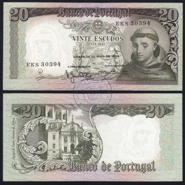 Nota de 20 Escudos 1964 Santo António, 20$00 26/05/1964 Chapa: 7 - Banco de Portugal (Pouco Circulada), Pick 167