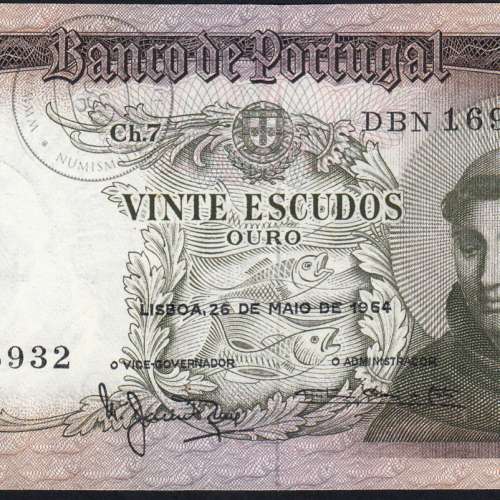 Nota de 20 Escudos 1964 Santo António, 20$00 26/05/1964 Chapa: 7 - Banco de Portugal (Pouco Circulada), Pick 167
