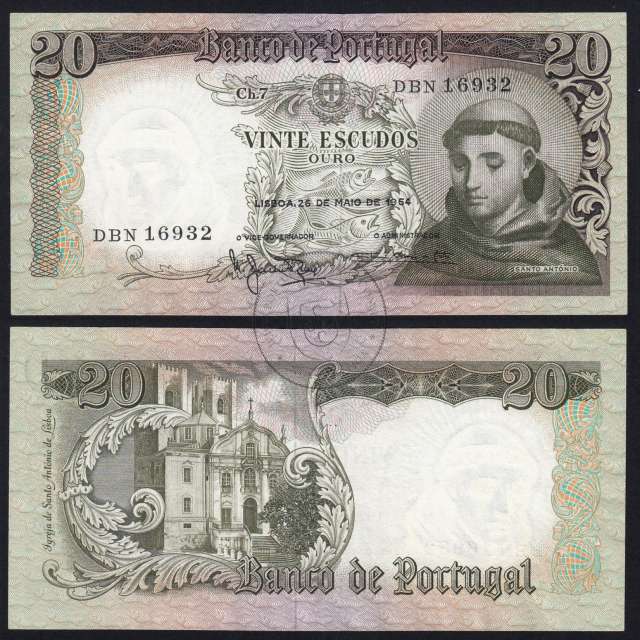 Nota de 20 Escudos 1964 Santo António, 20$00 26/05/1964 Chapa: 7 - Banco de Portugal (Pouco Circulada), Pick 167