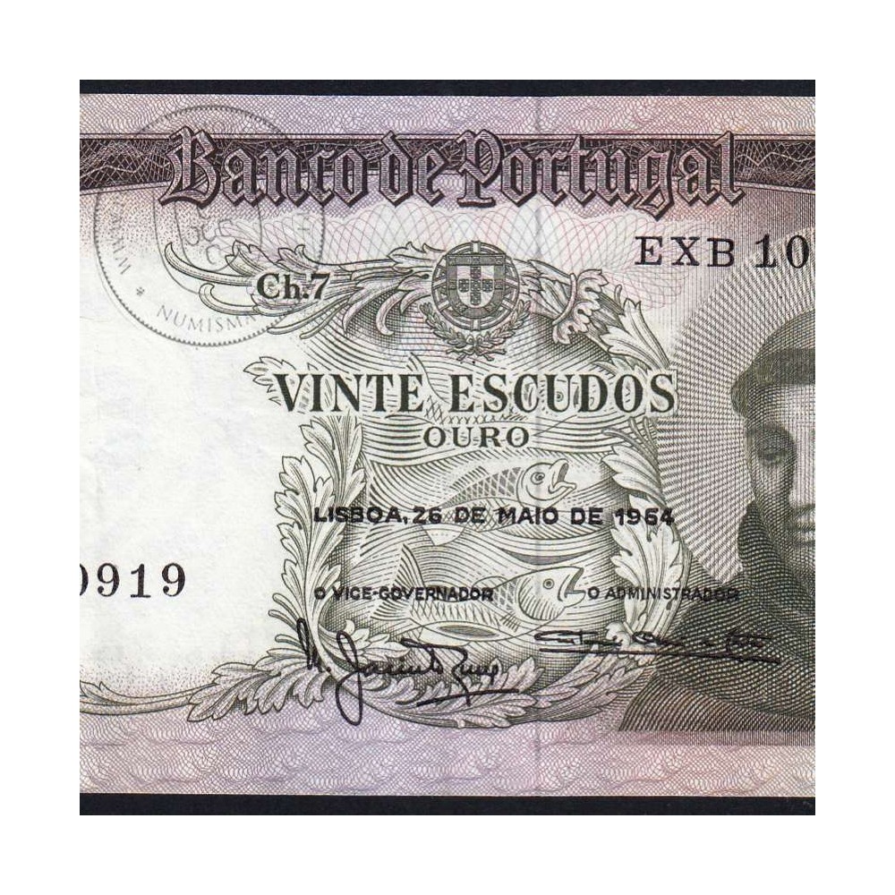 Nota de 20 Escudos 1964 Santo António, 20$00 26/05/1964 Chapa: 7 - Banco de Portugal (Pouco Circulada), Pick 167