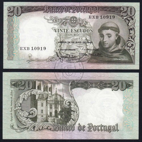 Nota de 20 Escudos 1964 Santo António, 20$00 26/05/1964 Chapa: 7 - Banco de Portugal (Pouco Circulada), Pick 167