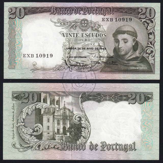 20 Escudos Banknote 1964 Saint Anthony, 20$00 26/05/1964 Plate: 7 - Bank of Portugal (Little Circulated), Pick 167